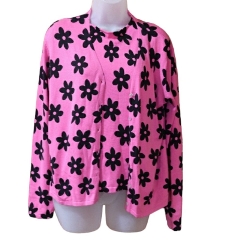 Joseph A. Qu'est Ce Bright Pink with Black Daisy Print Cardigan Sweater & Shell